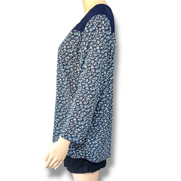 H&M Womens Blouse Top Shirt Blue Floral Print Long Sleeve Henley V Neck Large - Picture 6 of 11
